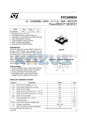 STE38NB50 datasheet - N - CHANNEL 500V - 0.11 ohm - 38A - ISOTOP PowerMESH  MOSFET