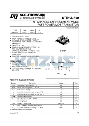 STE40NA60 datasheet - N - CHANNEL ENHANCEMENT MODE FAST POWER MOS TRANSISTOR