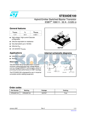 STE50DE100 datasheet - Hybrid emitter switched bipolar transistor ESBT 1000V - 50A - 0.026 ohm