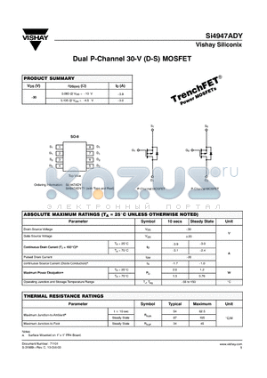 SI4947ADY-T1 datasheet - Dual P-Channel 30-V (D-S) MOSFET