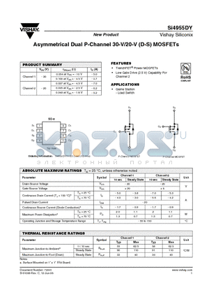 SI4955DY datasheet - Asymmetrical Dual P-Channel 30-V/20-V (D-S) MOSFETs