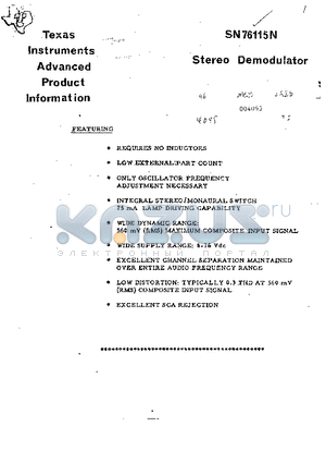 SN76115N datasheet - Stereo Demodlator