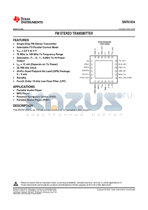 SN761634 datasheet - FM STEREO TRANSMITTER