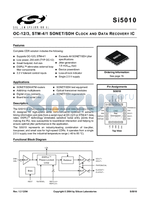 SI5010-BM datasheet - OC-12/3, STM-4/1 SONET/SDH CLOCK AND DATA RECOVERY IC