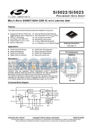 SI5022 datasheet - MULTI-RATE SONET/SDH CDR IC WITH LIMITING AMP