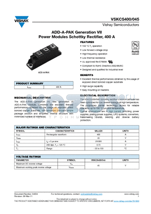 VSKCS400-045 datasheet - ADD-A-PAK Generation VII Power Modules Schottky Rectifier, 400 A