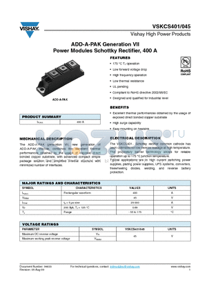 VSKCS401-045 datasheet - ADD-A-PAK Generation VII Power Modules Schottky Rectifier, 400 A