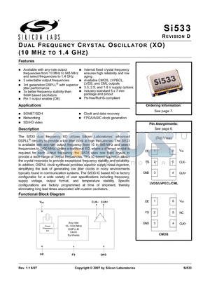 SI533CC00100DG datasheet - DUAL FREQUENCY CRYSTAL OSCILLATOR (XO) (10 MHZ TO 1.4 GHZ)