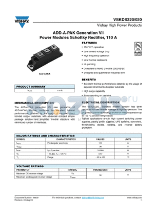 VSKDS220 datasheet - ADD-A-PAK Generation VII Power Modules Schottky Rectifier, 110 A