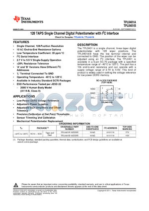 TPL0401B-10DCKR datasheet - 128 TAPS Single Channel Digital Potentiometer with I2C Interface