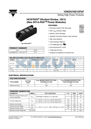 VSKDU162 datasheet - HEXFRED^ Ultrafast Diodes, 100 A (New INT-A-PAKTM Power Modules)