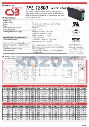 TPL12800 datasheet - a front terminal battery up to 12years expected life under normal float charge