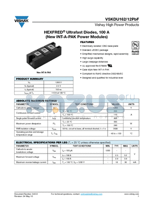 VSKDU162_08 datasheet - HEXFRED Ultrafast Diodes, 100 A (New INT-A-PAK Power Modules)