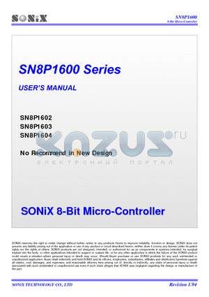 SN8P1602AS datasheet - 8-Bit Micro-Controller
