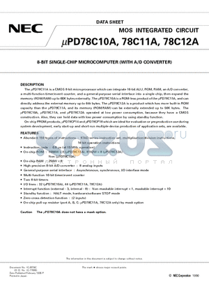 UPD78C10ACW datasheet - 8-BIT SINGLE-CHIP MICROCOMPUTER WITH A/D CONVERTER