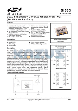SI533WB00100DGR datasheet - DUAL FREQUENCY CRYSTAL OSCILLATOR (XO) (10 MHZ TO 1.4 GHZ)