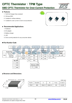 TPM1P221M100R datasheet - SMD CPTC Thermistor for Over-Current Protection