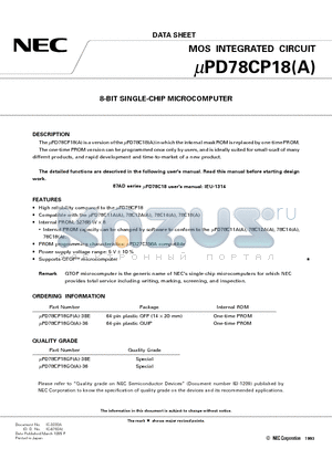 UPD78CP18GF-3BE datasheet - 8-BIT SINGLE-CHIP MICROCOMPUTER