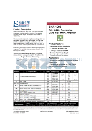 SNA-100S datasheet - DC-10 GHz, Cascadable GaAs HBT MMIC Amplifier