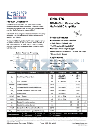 SNA-176-TR1 datasheet - DC-10 GHZ CASCADABLE GAAS MMIC AMPLIFIER