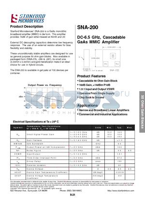 SNA-200 datasheet - DC-6.5 GHz, Cascadable GaAs MMIC Amplifier