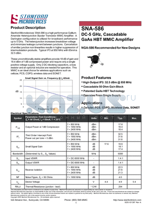 SNA-586 datasheet - DC-5 GHz, Cascadable GaAs HBT MMIC Amplifier