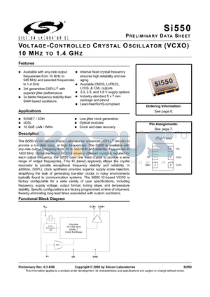 SI550 datasheet - VOLTAGE-CONTROLLED CRYSTAL OSCILLATOR (VCXO) 10 MHZ TO 1.4 GHZ