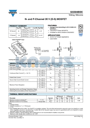 SI5504BDC datasheet - N- and P-Channel 30 V (D-S) MOSFET