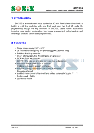 SNC105 datasheet - One Channel Direct Drive Speech Controller