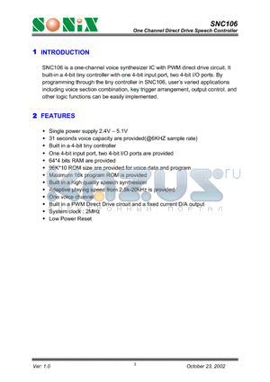 SNC106 datasheet - One Channel Direct Drive Speech Controller