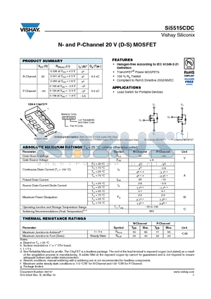 SI5515CDC-T1-GE3 datasheet - N- and P-Channel 20 V (D-S) MOSFET