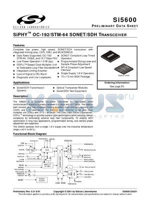 SI5600-BC datasheet - SiPHY-TM OC-192/STM-64 SONET/SDH TRANSCEIVER