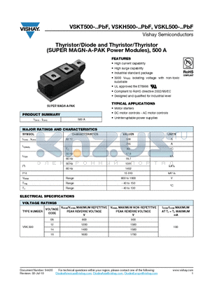 VSKT500-08PBF datasheet - Thyristor/Diode and Thyristor/Thyristor (SUPER MAGN-A-PAK Power Modules), 500 A