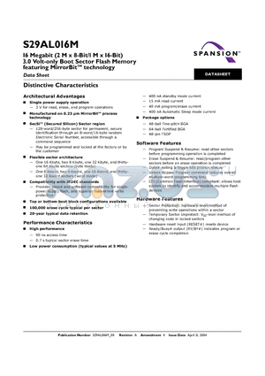 S29AL016M10FAI020 datasheet - 16 MEGABIT (2M X 8 BIT / I M X 16 BIT) 3.0 VOLT ONLY BOOT SECTOR FLASH MEMORY