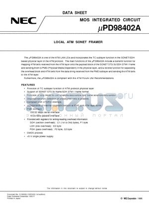 UPD98402A datasheet - LOCAL ATM SONET FRAMER