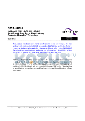 S29AL016M10TFIR13 datasheet - 16 Megabit (2 M x 8-Bit/1 M x 16-Bit) 3.0 Volt-only Boot Sector Flash Memory Featuring MirrorBit Technology