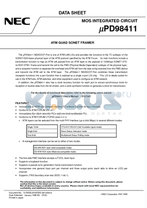 UPD98411 datasheet - ATM QUAD SONET FRAMER