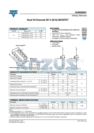 SI5908DC-T1-E3 datasheet - Dual N-Channel 20 V (D-S) MOSFET