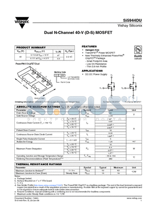 SI5944DU-T1-GE3 datasheet - Dual N-Channel 40-V (D-S) MOSFET