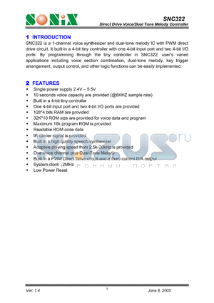 SNC322 datasheet - Direct Drive Voice/Dual Tone Melody Controller