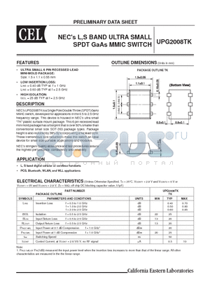 UPG2008TK-E2 datasheet - NECs L,S BAND ULTRA SMALL SPDT GaAs MMIC SWITCH