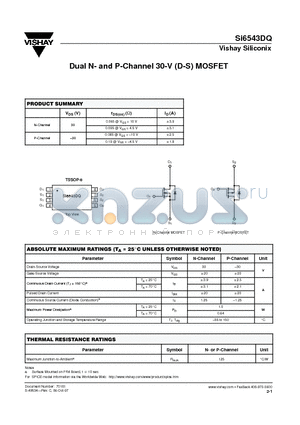 SI6543DQ datasheet - Dual N- and P-Channel 30-V (D-S) MOSFET
