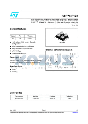 STE70IE120 datasheet - Monolithic Emitter Switched Bipolar Transistor ESBT^ 1200 V - 70 A - 0.014 Y Power Module