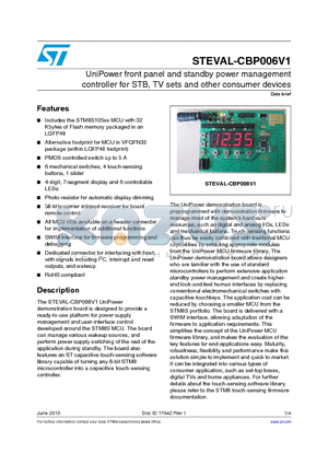STEVAL-CBP006V1 datasheet - UniPower front panel and standby power management controller for STB, TV sets and other consumer devices