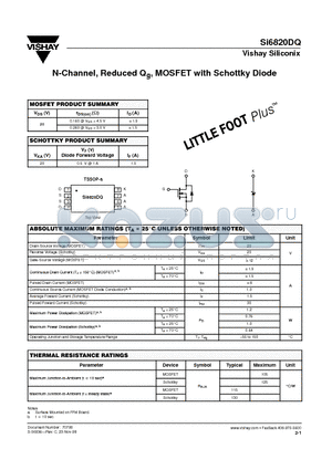 SI6820DQ datasheet - N-Channel, Reduced Qg, MOSFET with Schottky Diode