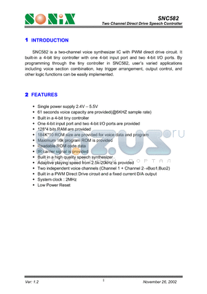 SNC582 datasheet - Two Channel Direct Drive Speech Controller