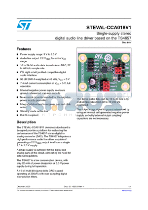 STEVAL-CCA018V1 datasheet - Single-supply stereo digital audio line driver based on the TS4657