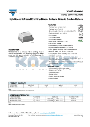 VSMB3940X01 datasheet - High Speed Infrared Emitting Diode, 940 nm, GaAlAs Double Hetero