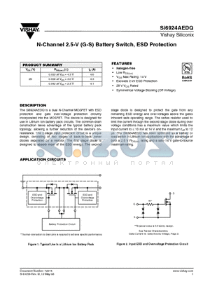 SI6924AEDQ-T1-GE3 datasheet - N-Channel 2.5-V (G-S) Battery Switch, ESD Protection