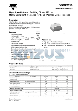VSMF3710-GS08 datasheet - High Speed Infrared Emitting Diode, 890 nm RoHS Compliant, Released for Lead (Pb)-free Solder Process